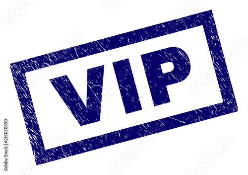 Rectangle VIP seal watermark with corroded style. Rubber seal imitation has rectangle frame. Blue vector rubber print of VIP tag with corroded texture.