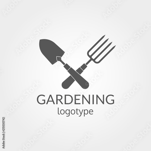 Gardening logo. Garden tools icon. Crossed trowel spade and garden fork. Farming and agriculture symbol. Vector illustration.