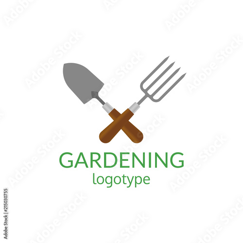 Gardening logo. Garden tools icon. Crossed trowel spade and garden fork. Farming and agriculture symbol. Vector illustration.
