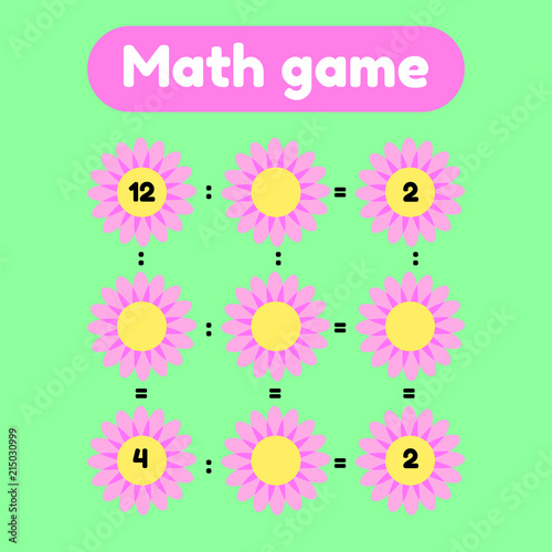 Vector illustration. Math game for preschool and school age children. Count and insert the correct numbers. Division. Glade with pink flowers.