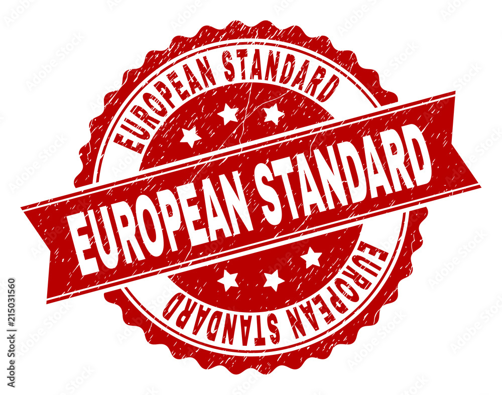EUROPEAN STANDARD seal print with distress texture. Rubber seal imitation has circle medallion shape and contains ribbon. Red vector rubber print of EUROPEAN STANDARD label with grunge texture. EUROPEAN STANDARD seal print with distress texture. Rubber seal imitation has circle medallion shape and contains ribbon. Red vector rubber print of EUROPEAN STANDARD label with grunge texture.