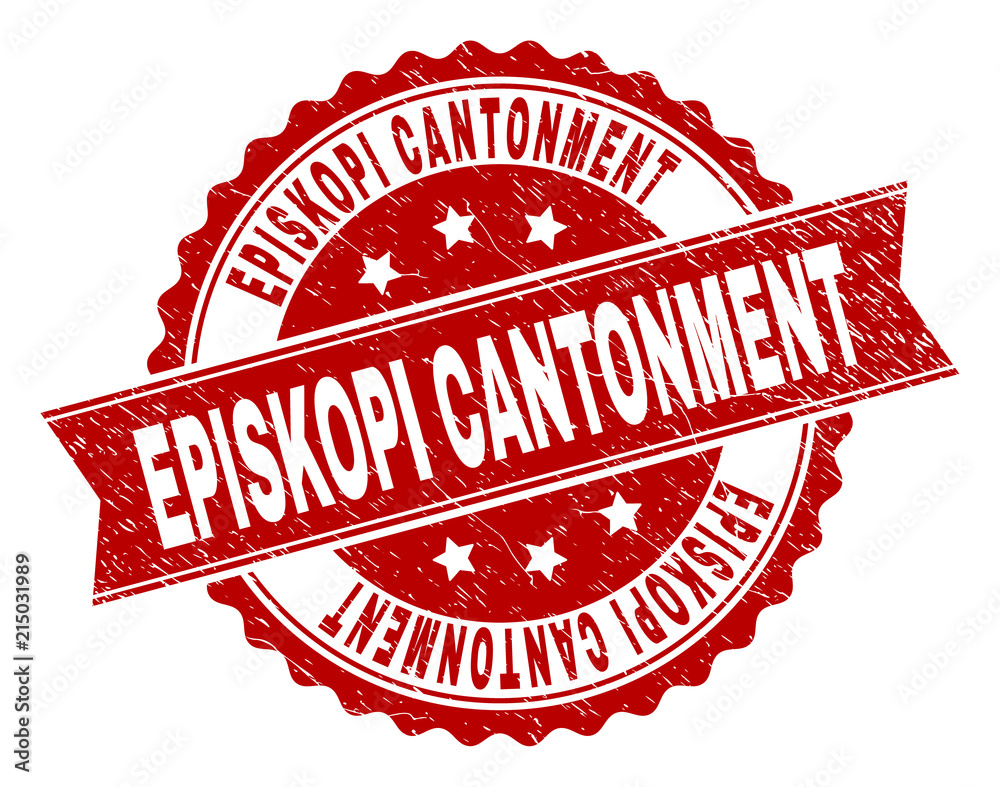Obraz premium EPISKOPI CANTONMENT seal print with corroded texture. Rubber seal imitation has round medallion form and contains ribbon. Red vector rubber print of EPISKOPI CANTONMENT caption with dirty texture.