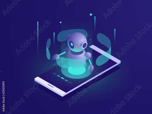 Artificial Intelligence, isometric ai robot on mobile phone screen, chatbot app vector neon