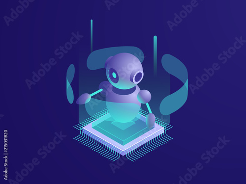 Artificial intelligence ai robot, server room, digital technology banner, computer equipment, big data processing, automated process isometric vector neon