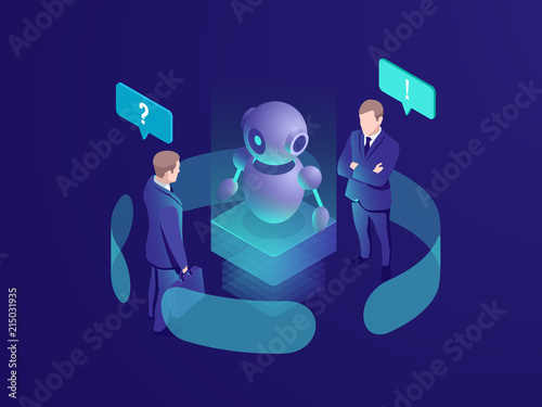 Artificial intelligence ai robot gives recommendation, human get automated response from chatbot, business consulting system, isometric vector neon