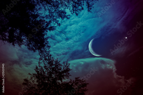 Landscape of sky with crescent moon and star at night. Serenity background.