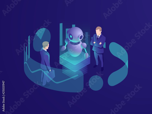 Isometric business concept of man thinking, crm system, artificial intelligence robot ai, consulting agency, smart technology progress, vector neon
