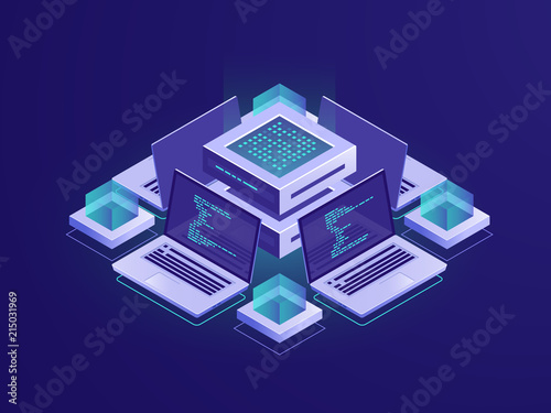 Artificial intelligence isometric icon, server room, datacenter and database concept, code repository access, programm app development vector neon