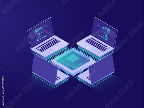 Server room, artificial intelligence, big data processing, online banking operations, data encryption, network conception, net with laptop, isometric illustration vector neon