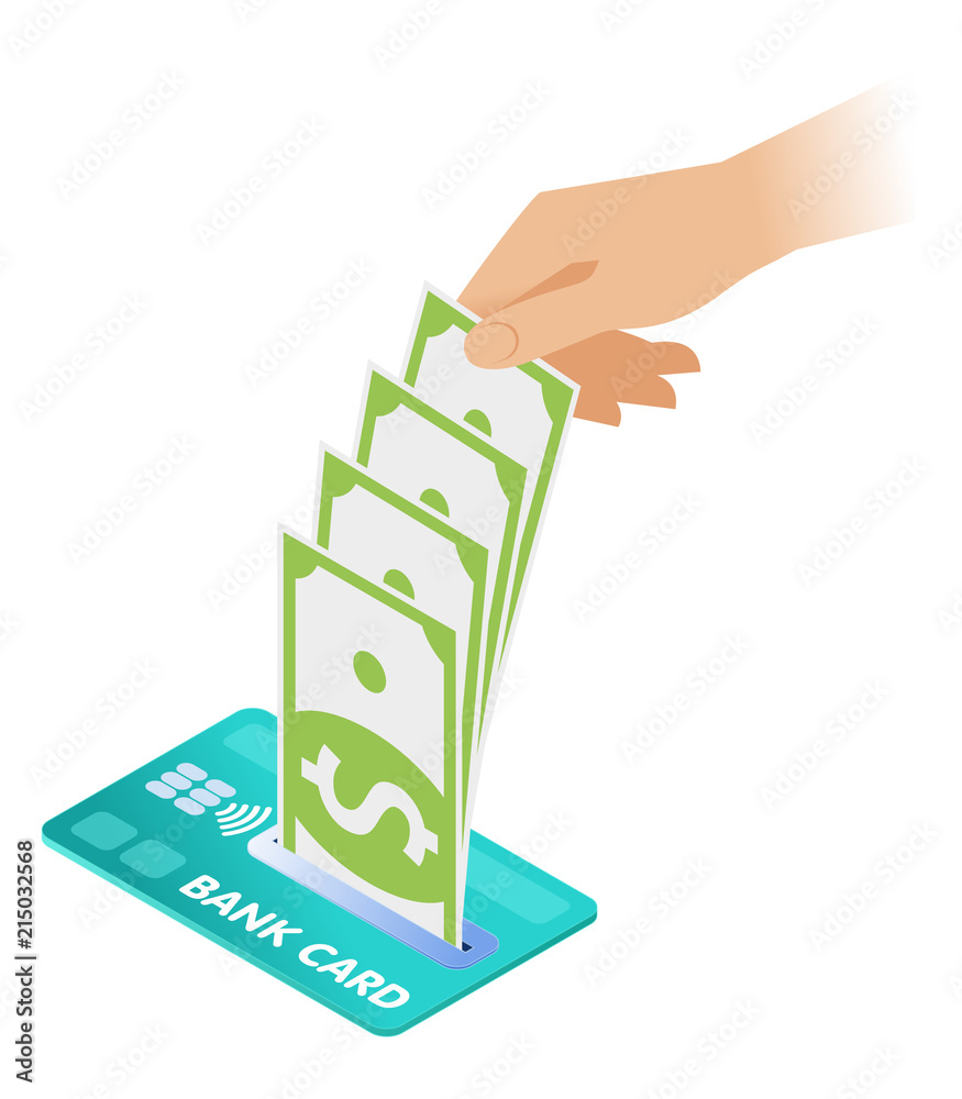 Flat isometric illustration of a hand is taking banknotes out of a credit card. The businessman's hand is holding and getting out paper money. Vector business concept isolated on white background. Flat isometric illustration of a hand is taking banknotes out of a credit card. The businessman's hand is holding and getting out paper money. Vector business concept isolated on white background.