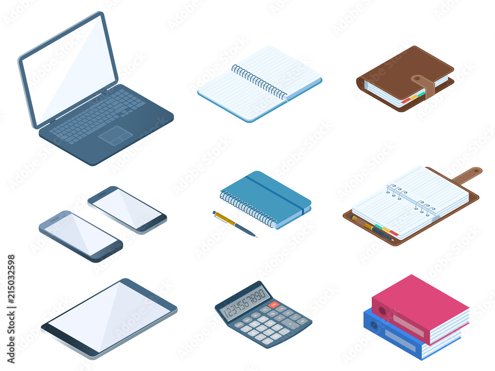 Office, business desktop workplace stationery set. Flat vector isometric illustration. Office, business desktop workplace stationery set. Flat vector isometric illustration.