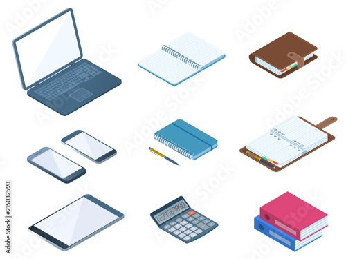 Office, business desktop workplace stationery set. Flat vector isometric illustration.