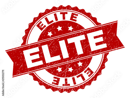 ELITE seal print with distress texture. Rubber seal imitation has circle medal shape and contains ribbon. Red vector rubber print of ELITE text with scratched texture.