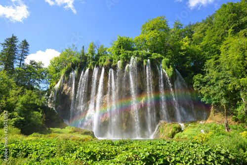 Fototapeta Naklejka Na Ścianę i Meble -  Beautiful waterfalls with rainbow in Plitvice Lakes National Park, Croatia, Europe. 