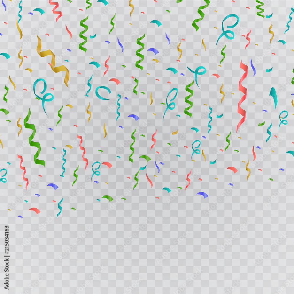 Colorful bright confetti isolated on transparent background. Festive vector illustration - obrazy, fototapety, plakaty 