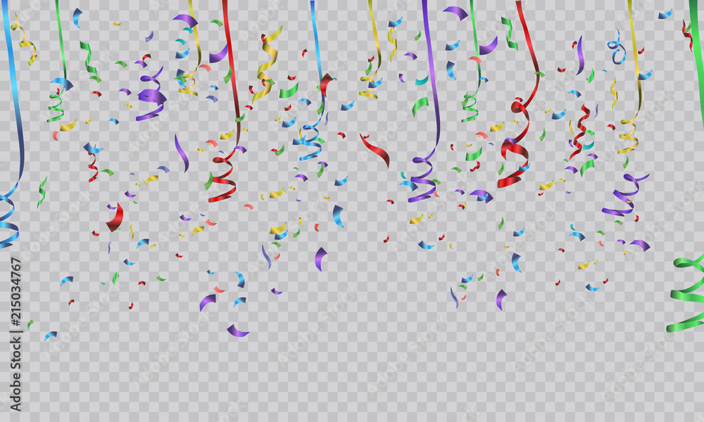 Colorful bright confetti isolated on transparent background. Festive vector illustration