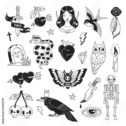 Tattoo elements collection. Vector illustration of fantasy mystical black and white icons such as skeleton, grave, sorceress, sword, snake, owl and crow isolated on white.