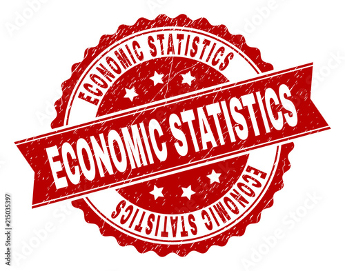 ECONOMIC STATISTICS seal print with distress texture. Rubber seal imitation has round medallion shape and contains ribbon. Red vector rubber print of ECONOMIC STATISTICS caption with retro texture.