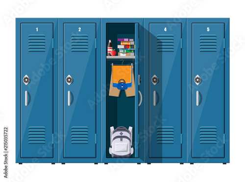 Blue metal cabinets with school items