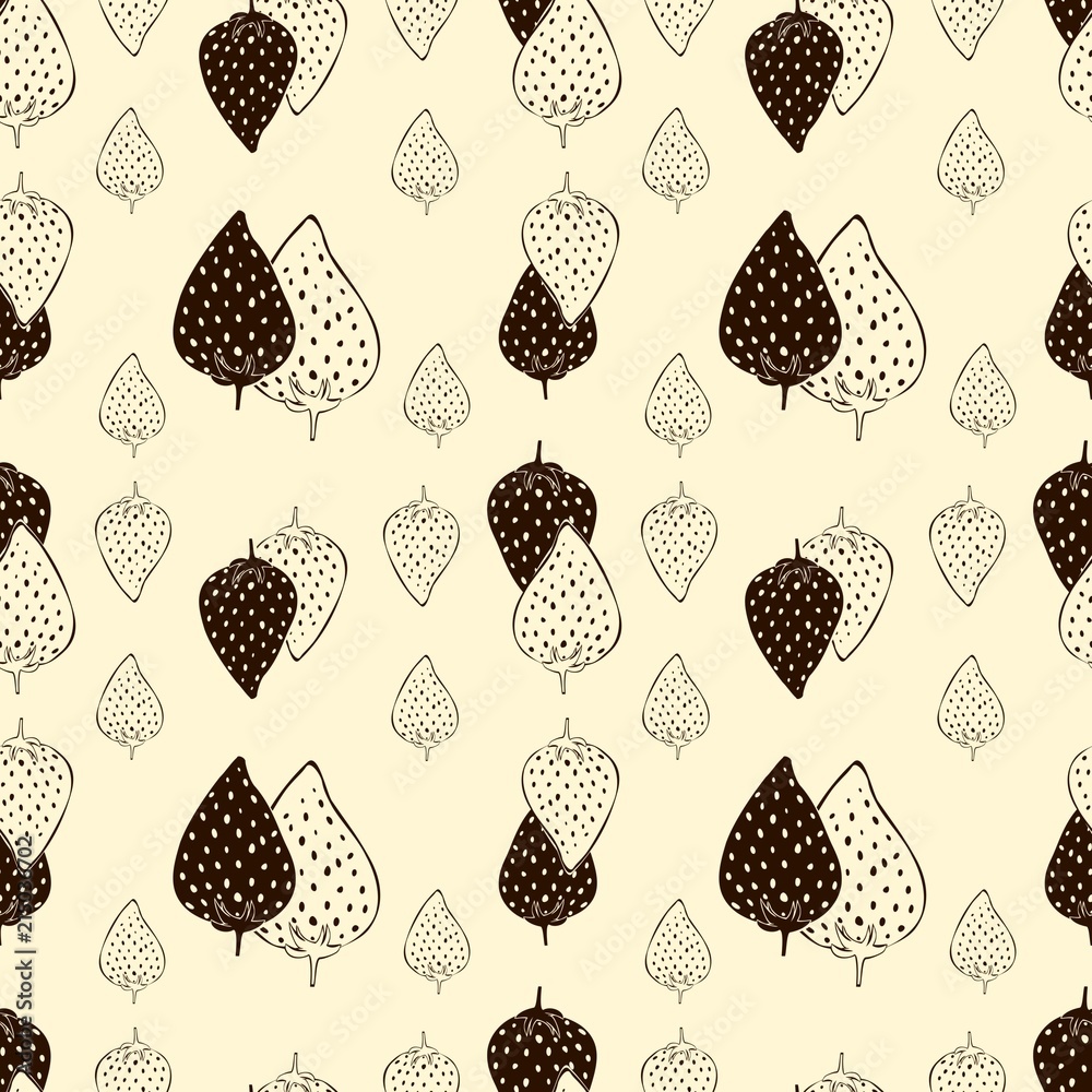 Seamless pattern of silhouettes and outlines black strawberries on the yellow background, vector food, berries Seamless pattern of silhouettes and outlines black strawberries on the yellow background, vector food, berries