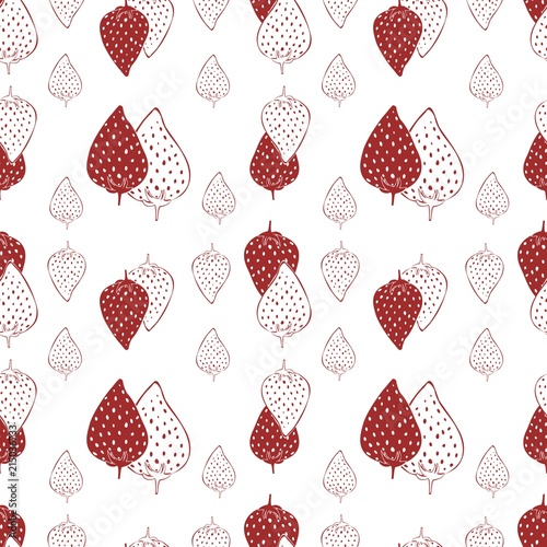 Seamless pattern of silhouettes and outlines red strawberries on the white background, vector food, berries