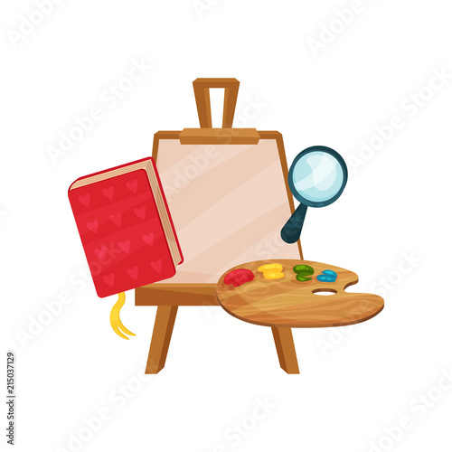 Flat vector icons of school supplies. Wooden easel with canvas, paint palette, magnifying glass and book. Items for art class