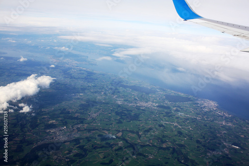 High in the sky. View from plane window. 