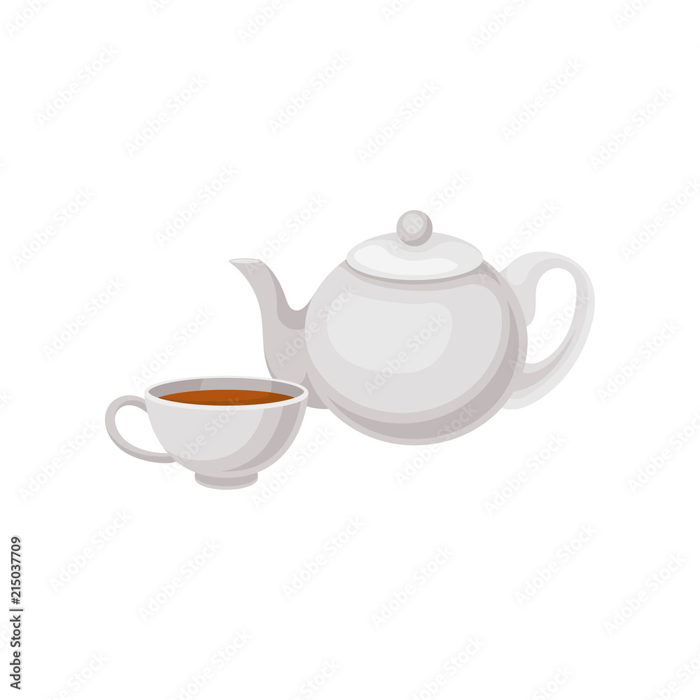 Cup of tea and teapot. Traditional English drink. Flat vector element for advertising poster, cafe or restaurant menu Cup of tea and teapot. Traditional English drink. Flat vector element for advertising poster, cafe or restaurant menu