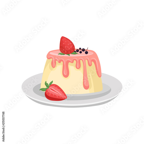 Delicious pudding with pink glaze and ripe strawberry on top. British cuisine. Traditional English dessert. Flat vector for cafe menu