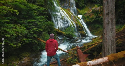 Aerial over hiker at forest waterfall in oregon photo