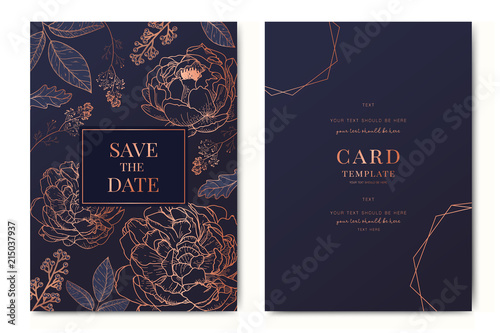 Wedding Invitation, floral invite thank you, rsvp modern card Design in Copper peony with  tropical palm leaf eucalyptus branches in Navy blue background
