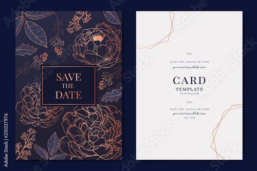 Wedding Invitation, floral invite thank you, rsvp modern card Design in Copper peony with tropical palm leaf eucalyptus branches in Navy blue background