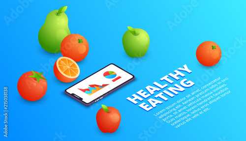 Healthy eating vector illustration of smartphone application for diet and fitness nutrition. Isometric flat vegetarian apple or citrus orange fruits on health diagnostic infographic