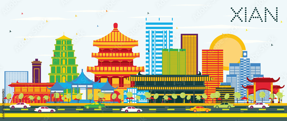 Xian China Skyline with Color Buildings and Blue Sky. Xian China Skyline with Color Buildings and Blue Sky.