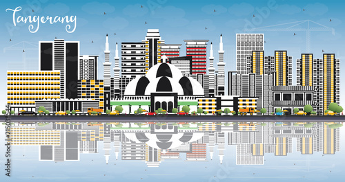 Tangerang Indonesia City Skyline with Gray Buildings, Blue Sky and Reflections.