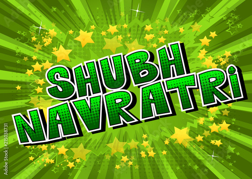 Happy Navratri. Vector Illustration for the Hindu festival. Comic book style word on abstract background.