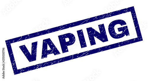 Rectangle VAPING seal print with corroded texture. Rubber seal imitation has rectangle frame. Blue vector rubber print of VAPING caption with corroded texture.