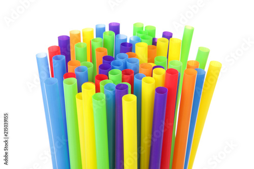 Obraz na plátně many colorful plastic straws with opening upwards isolated on white background
