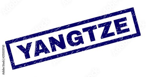Rectangle YANGTZE seal print with distress surface. Rubber seal imitation has rectangular frame. Blue vector rubber print of YANGTZE text with grunge texture.