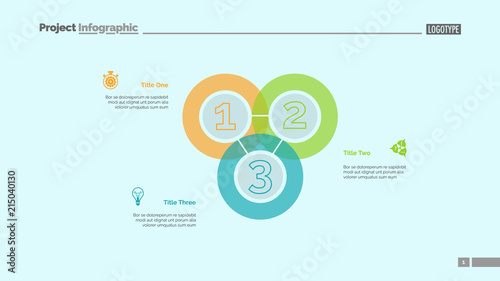 Triple intersect graph slide template. Business data. Chart, diagram. Creative concept for infographic, presentation, report. Can be used for topics like finance, statistics, development