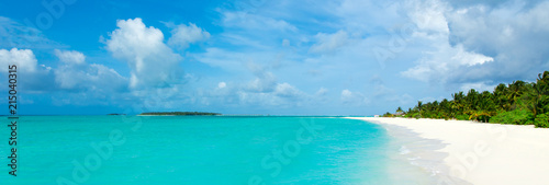 tropical beach in Maldives with few palm trees and blue lagoon © Pakhnyushchyy