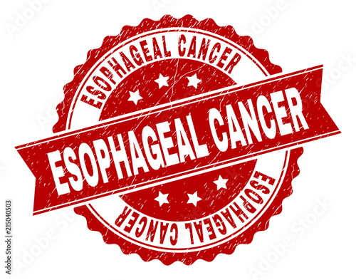 ESOPHAGEAL CANCER seal stamp with distress texture. Rubber seal imitation has round medallion shape and contains ribbon. Red vector rubber print of ESOPHAGEAL CANCER label with grunge texture.