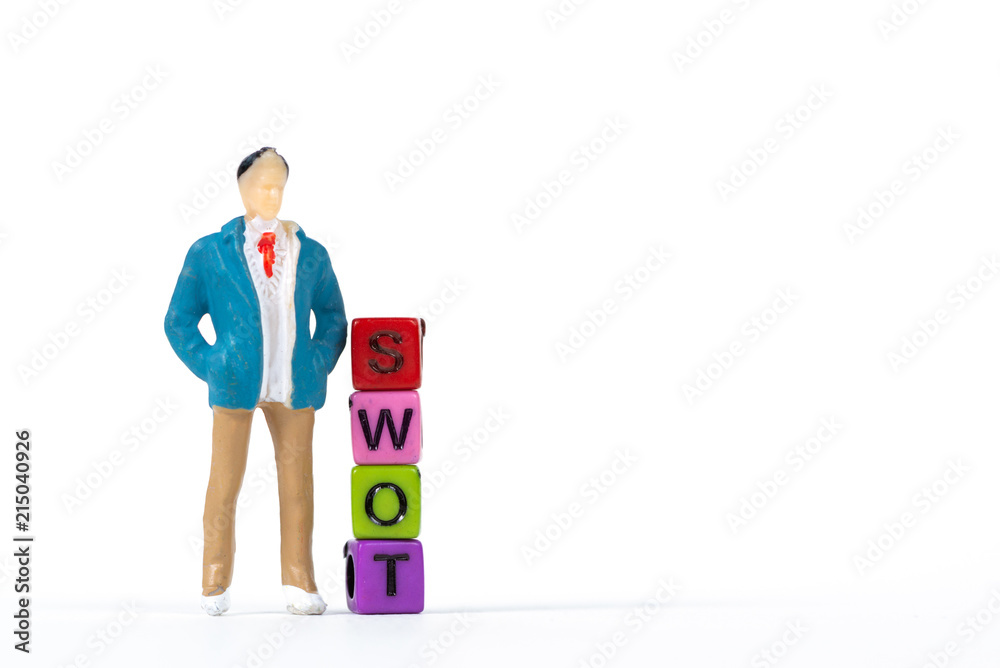 Businessman or manager with SWOT text made from colorful beads or letter bead on white background, finance and business concept.