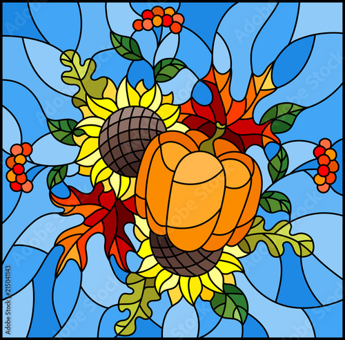 Illustration in stained glass style with autumn composition, bright leaves,flowers and pumpkin on blue background, rectangular image