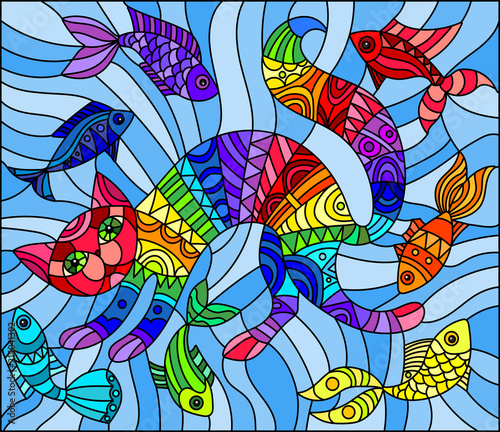Illustration in stained glass style abstract geometric rainbow cat and fish on a blue background 