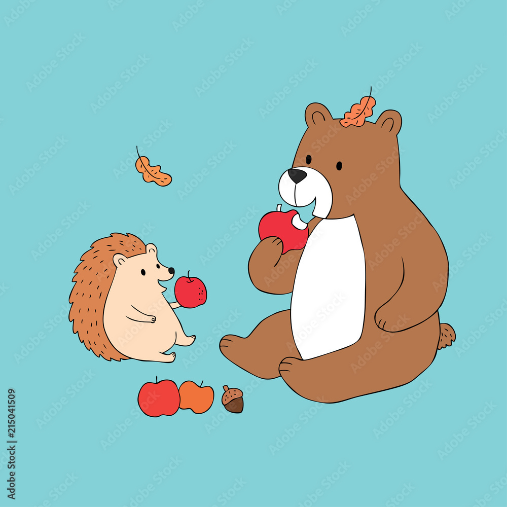 Cartoon cute Autumn bear and hedgehog eating apple vector. Stock Vector |  Adobe Stock