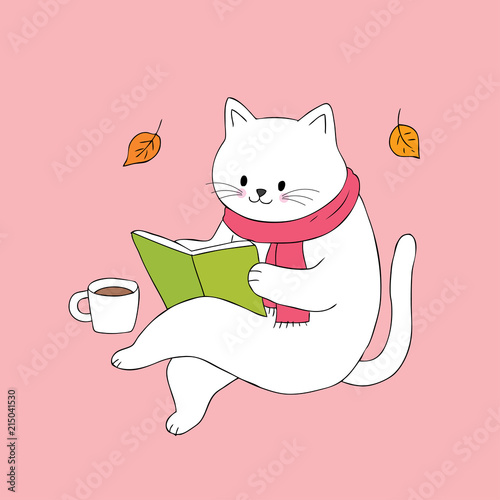 Cartoon cute cat reading book and coffee cup vector.