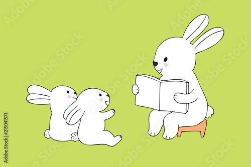 Cartoon cute teacher rabbit and students rabbits reading a book vector.