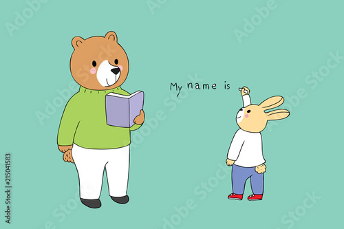 Cartoon cute teacher bear and student rabbit in classroom vector.