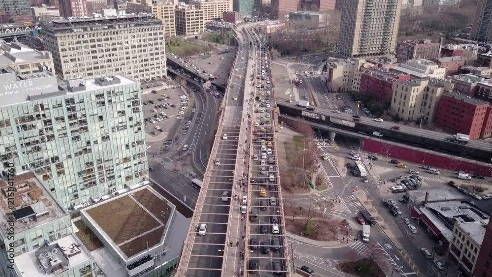 Drone shot of Brooklyn Bridge highway and ped walk Drone shot of Brooklyn Bridge highway and ped walk